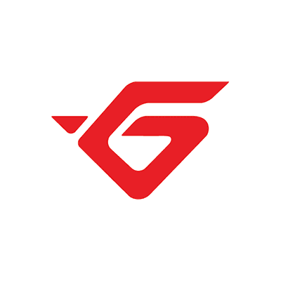 Logotipo rojo estilizado con forma de letra G geométrica y moderna sobre fondo blanco.